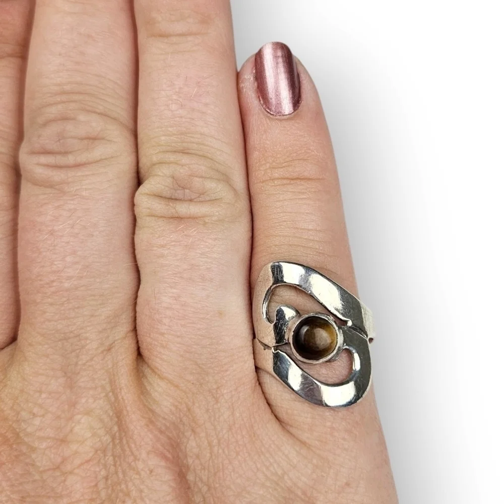 Taxco Modernist Sterling Bypass Ring Tigers Eye Wide Swirl Vtg 925 Silver 8.5